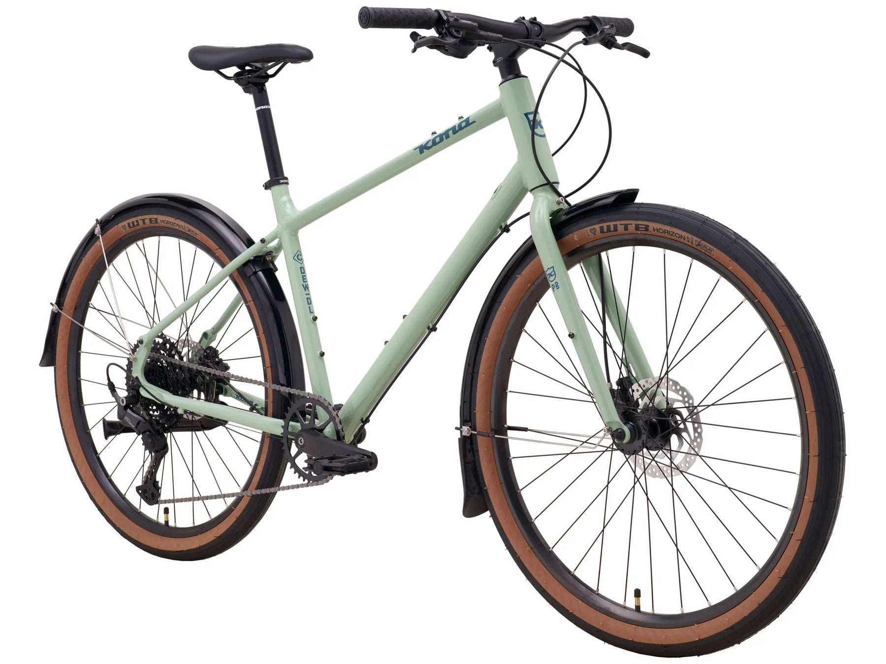 Kona 36e Dew DL Groen met Shimano Cues & Tektro Glanzend Jade met Storm Blue Decals (2025)