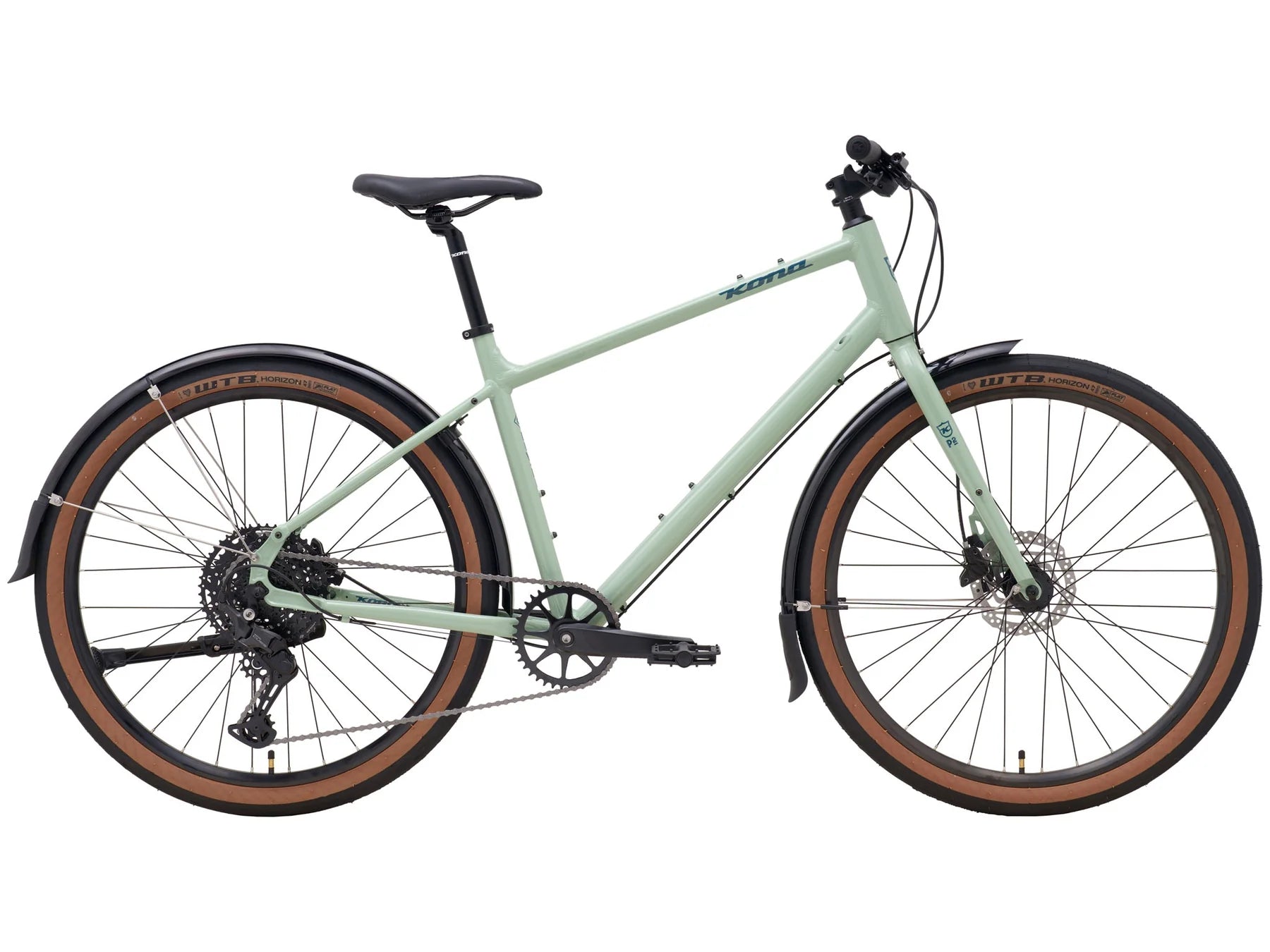 Kona 36e Dew DL Groen met Shimano Cues & Tektro Glanzend Jade met Storm Blue Decals (2025)